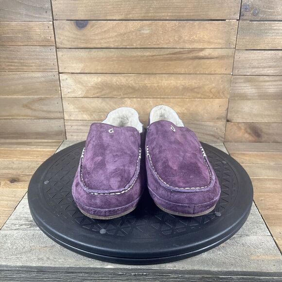 Olukai Nohea Slippers Womens Sz 5 Mystic Berry Red Nubuck Leather Fur Shearling - Picture 2 of 10